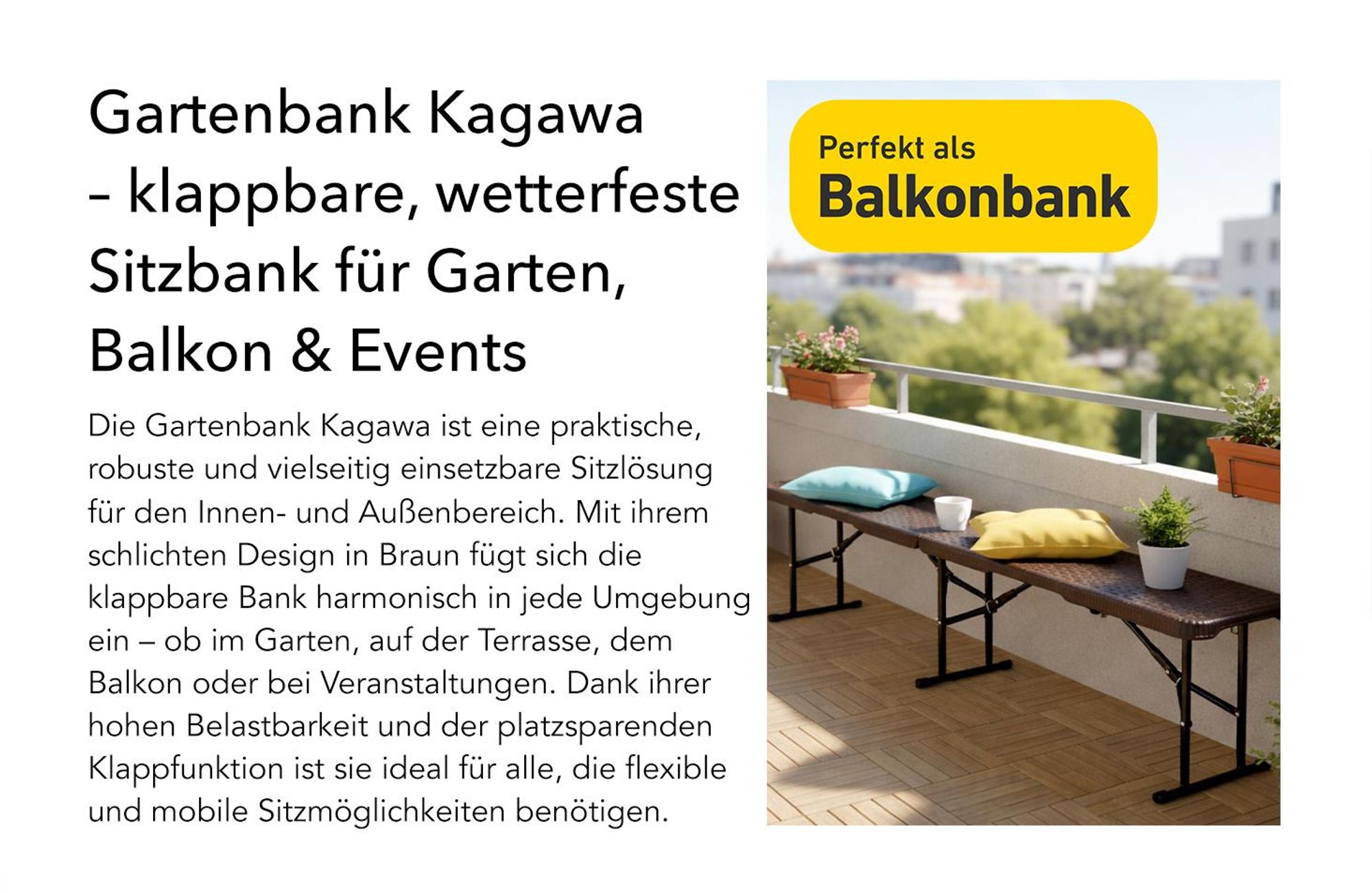 Floordirekt Gartenbank Kagawa klappbare Sitzbank wetterfest 183 cm in Braun für Garten, Balkon & Events