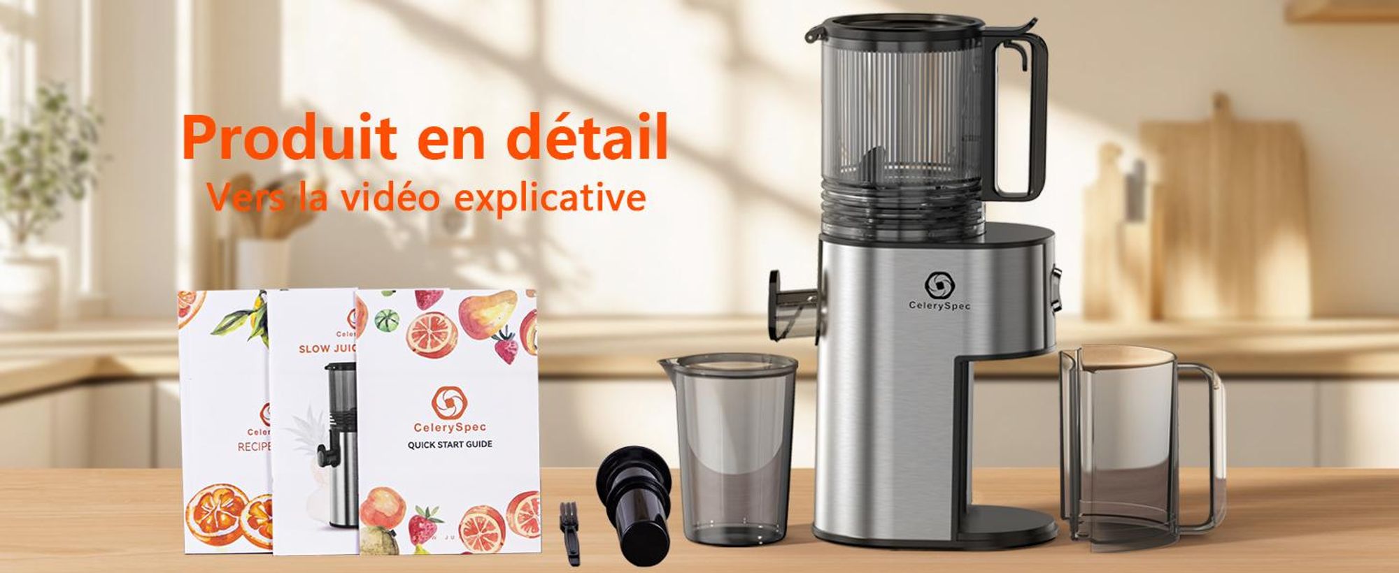 CelerySpec SJ-048-EU-SS Centrifugeuse - Pour légumes et fruits entiers Puissance 250W Capacité 1.8L Extracteur de jus Matériau alimentaire - Argenté