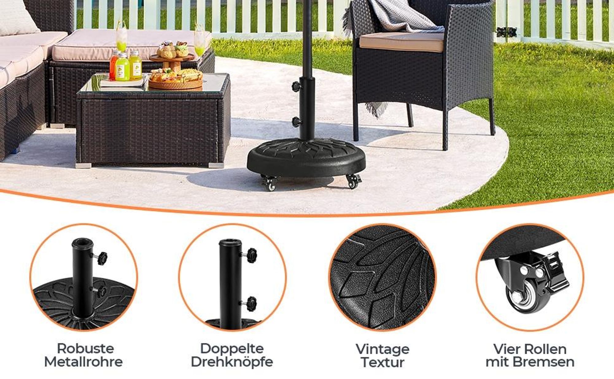 Yaheetech Sonnenschirmständer mit Rollen 20,6 kg, für Schirmstangen von ø34/38/48 mm, für Garten/Balkon/Strand, Schwarz
