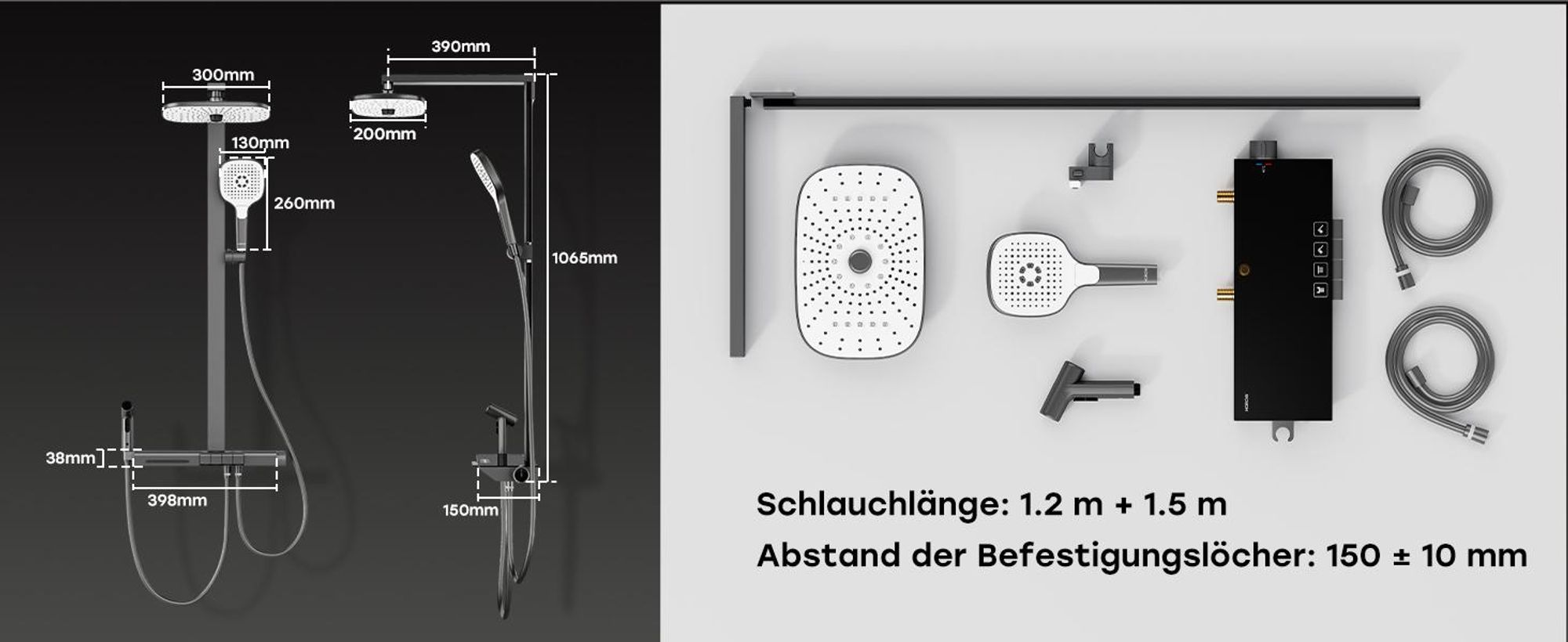 HOROW RainFlexi N2 Duschsystem mit Thermostat, Grau Regendusche Set mit 2 Handbrause, Wasserfallauslauf, Große Kopfbrause, Höhenverstellbar Duschset