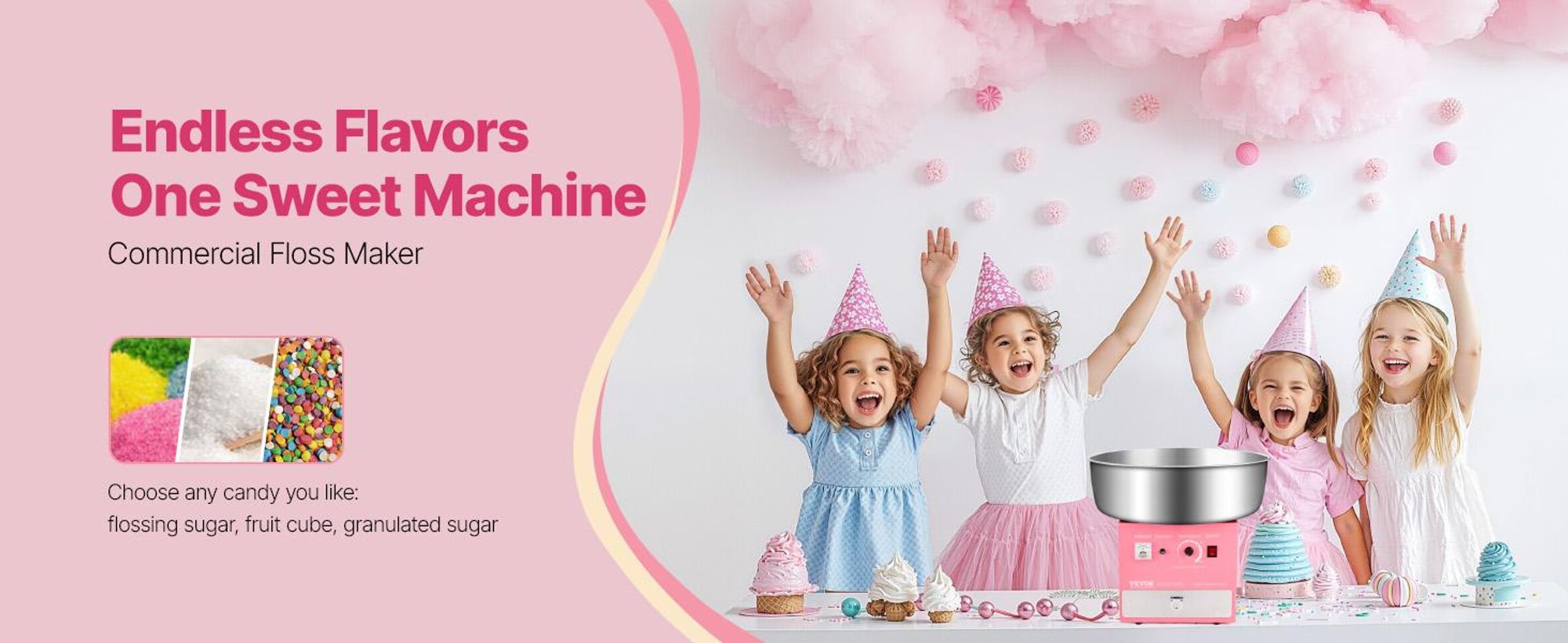 VEVOR Gewerbliche Zuckerwatte Maschine Zuckerguss Maker 1000W für Party Rosa, N-c, Gerade Oberfläche-b