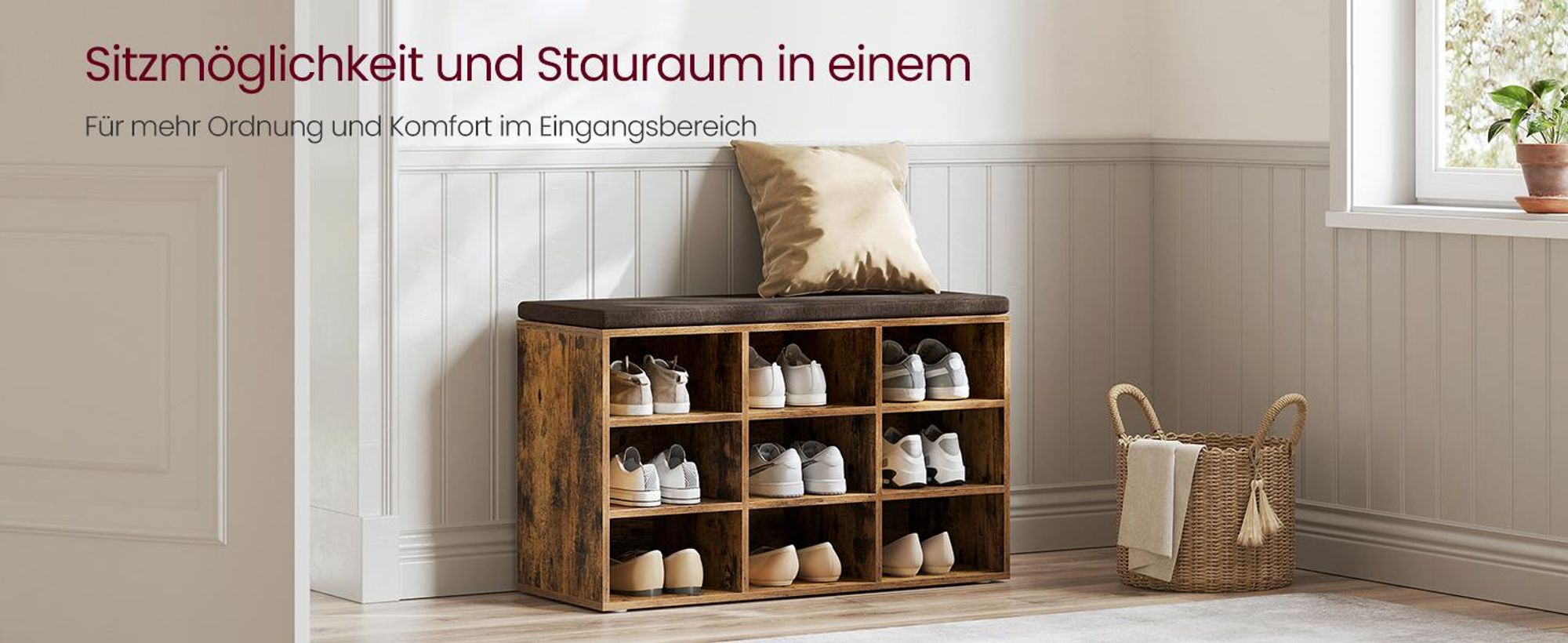VASAGLE Schuhbank, Sitzbank, 9 Fächer, Länge 78,5 cm, Braun