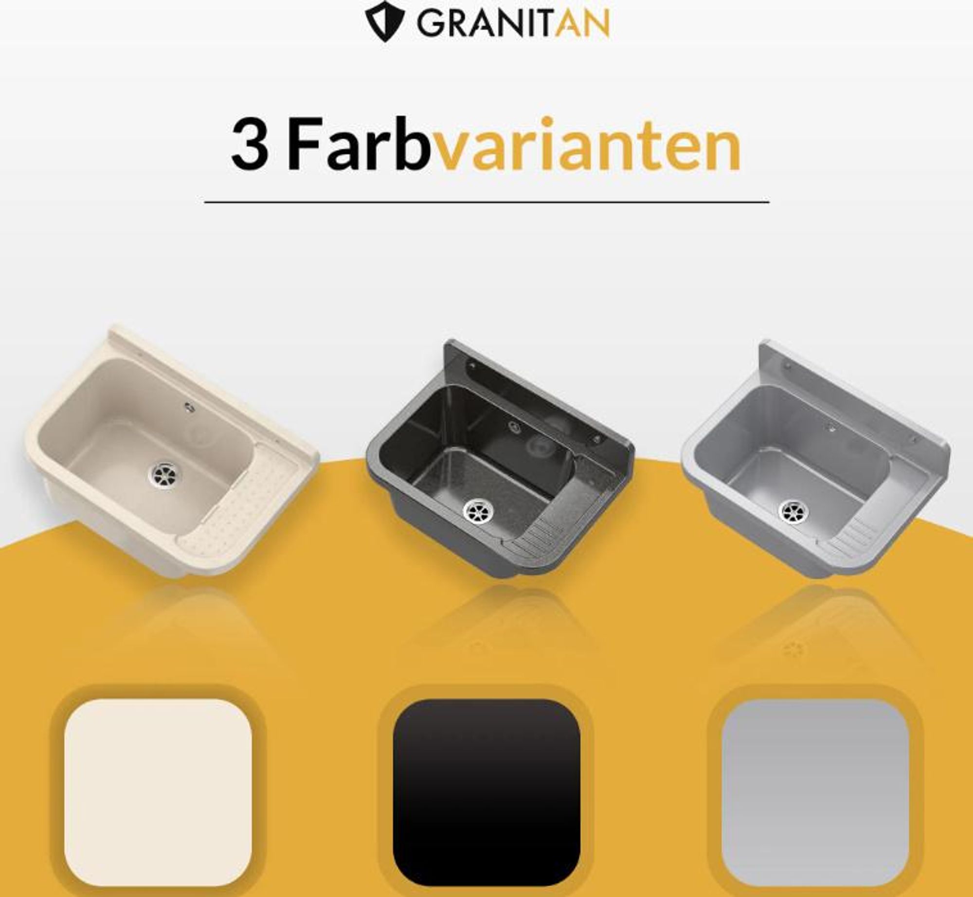 Granitan - Waschbecken - Spülbecken 6,5x21,5 cm - Spüle Schwarz - mit Siphon und Seifenspender - PARON