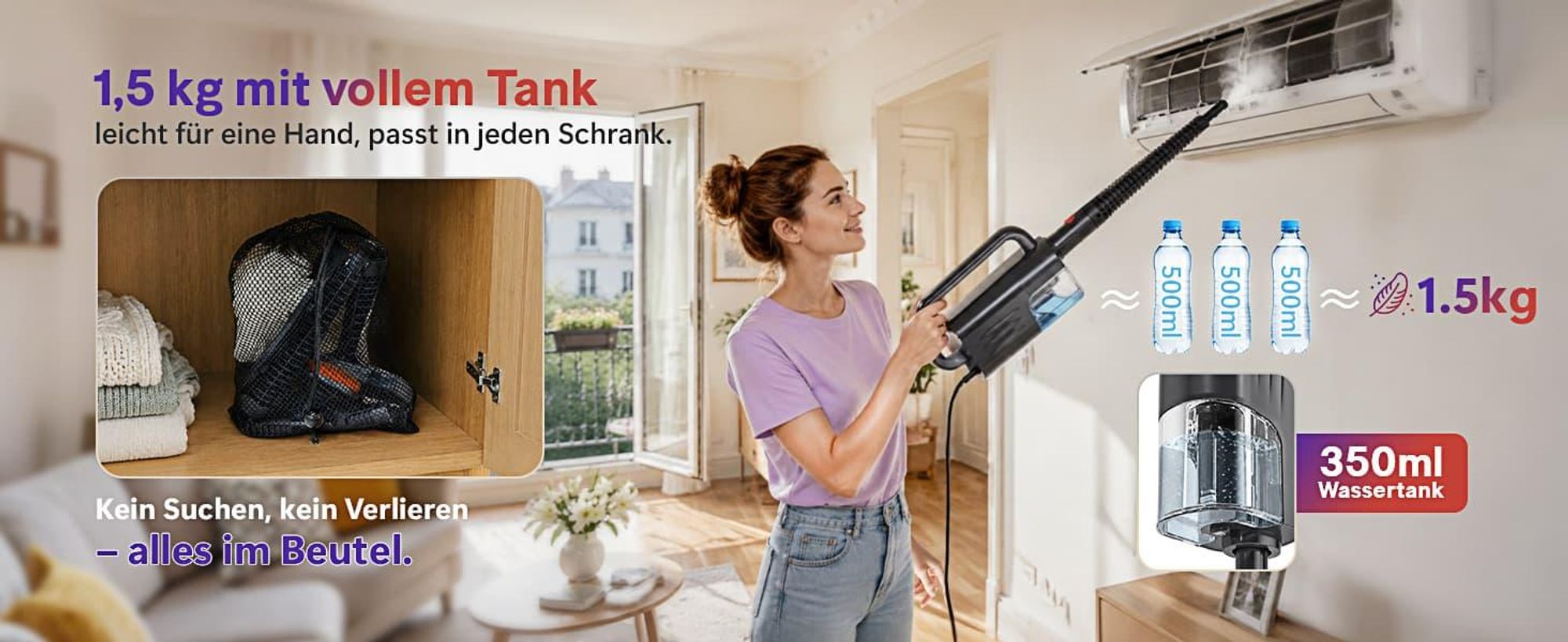 Dampfreiniger, 1500W handdampfreiniger & Dampfbesen, 15s Aufheizzeit, 4bar Dampfreiniger & Dampfdruck, Drehkopf, für Boden, Sofa, Küche, Bad & Fenster