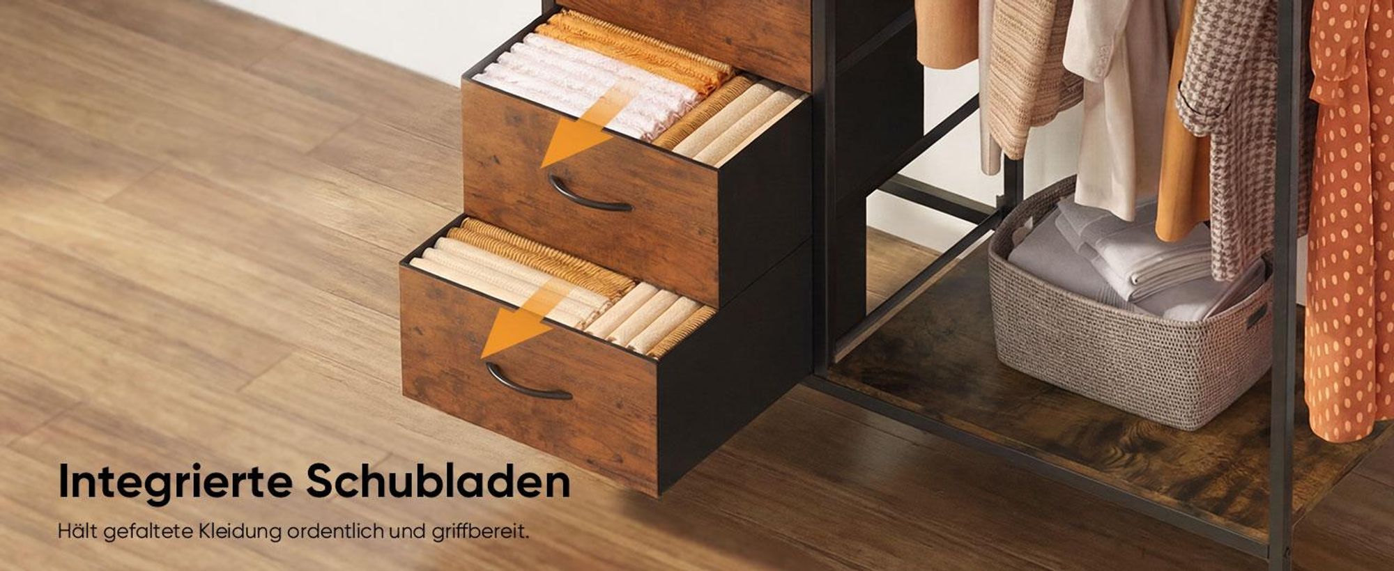 HOKEEPER Kleiderständer, offener Kleiderschrank, Kleiderständer auf Rollen, Kleiderstange, fahrbarer Kleiderständer mit Schubladen, Haken, Braun