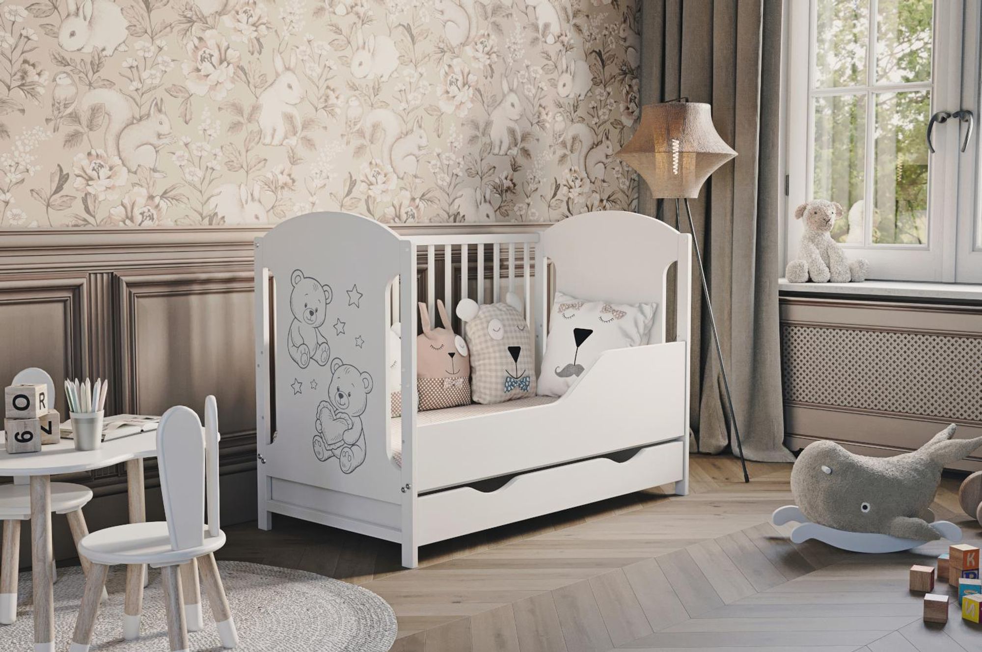 Lit bébé Hugo 60x120 cm avec barrière et tiroir | sans matelas