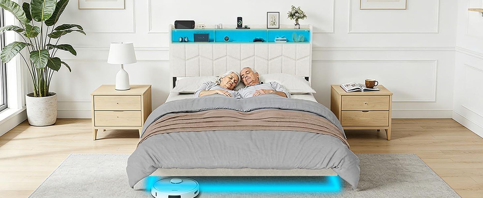 DEWINNER Lit 140x190 avec Sommier | Cadre Flottant | Lit Double avec LED Réglable | Multiprise | Sommier à Lattes | Lin Blanc | Idéal pour Chambre Mod