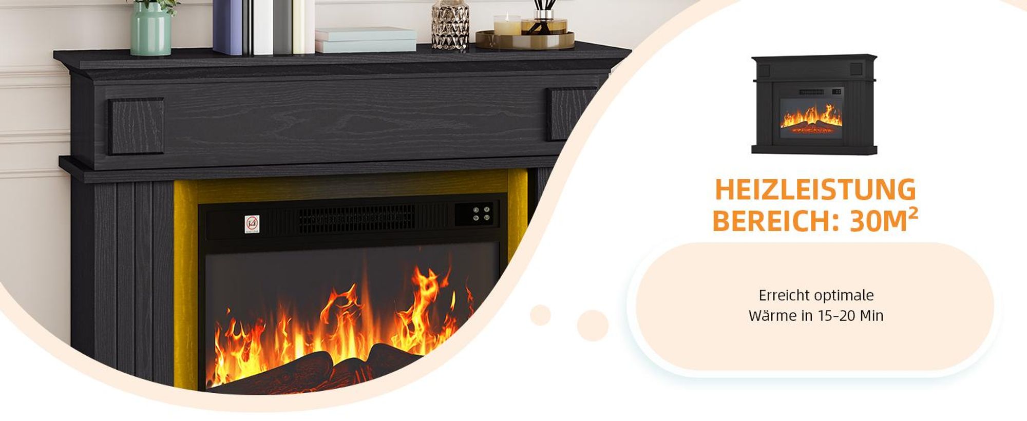 Elektrokamin 2000W Elektrischer Kamin bis 30 m², mit 3D-Flammeneffekt, 24-Farben-LED Dekokamin, 100 x 26 x 80 cm, Schwarz