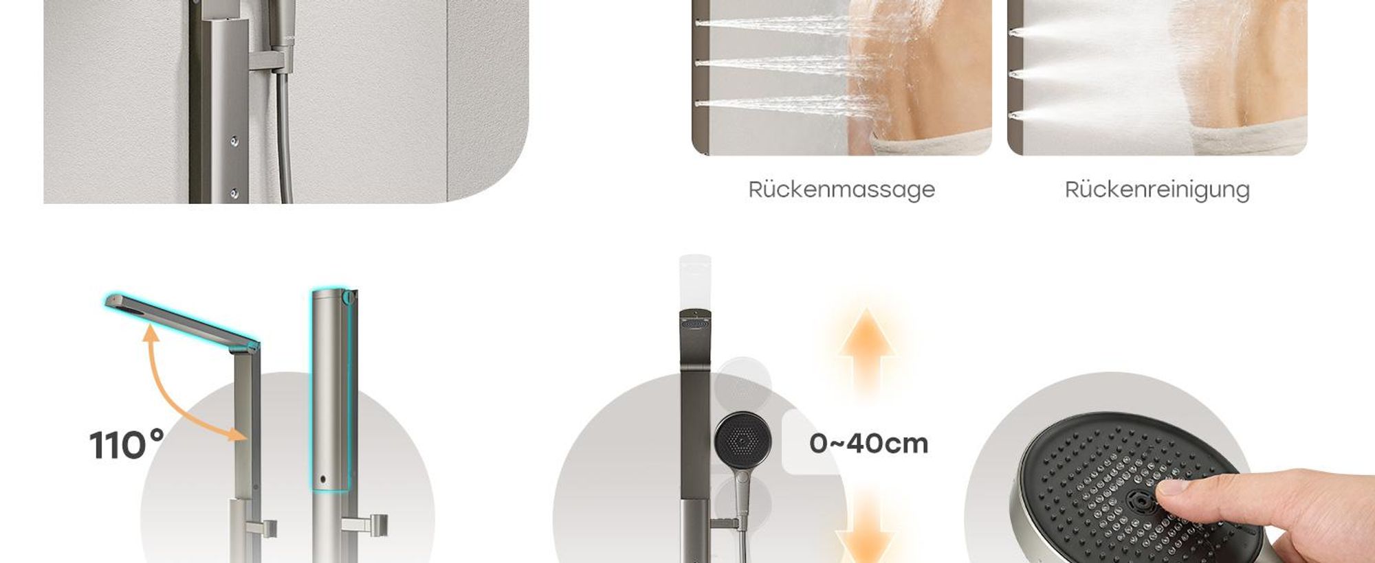 HOROW Regendusche Set mit Thermostatarmatur, Grau Duschset Duschsystem mit 4 Massage-Modi, Klappbares Duschset, Höhenverstellbar, für Badewannen