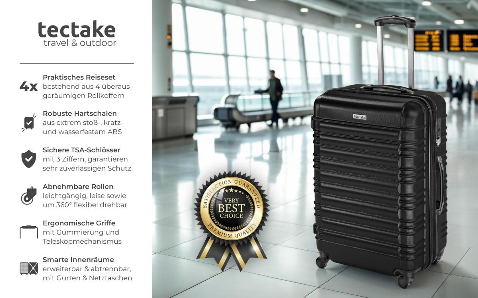 tectake® Hartschalenkoffer-Set 4-teilig, aus robustem ABS-Kunststoff