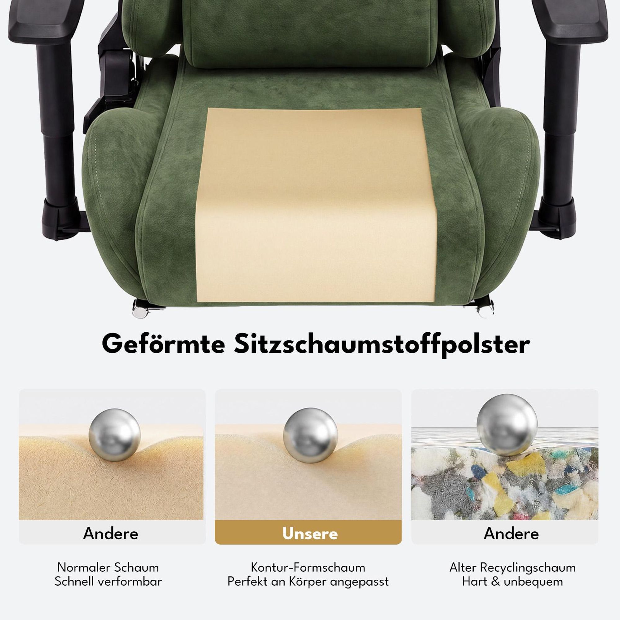 Grüner Gaming-Stuhl, Materialübersicht WildKunstleder und Schaumpolsterung
