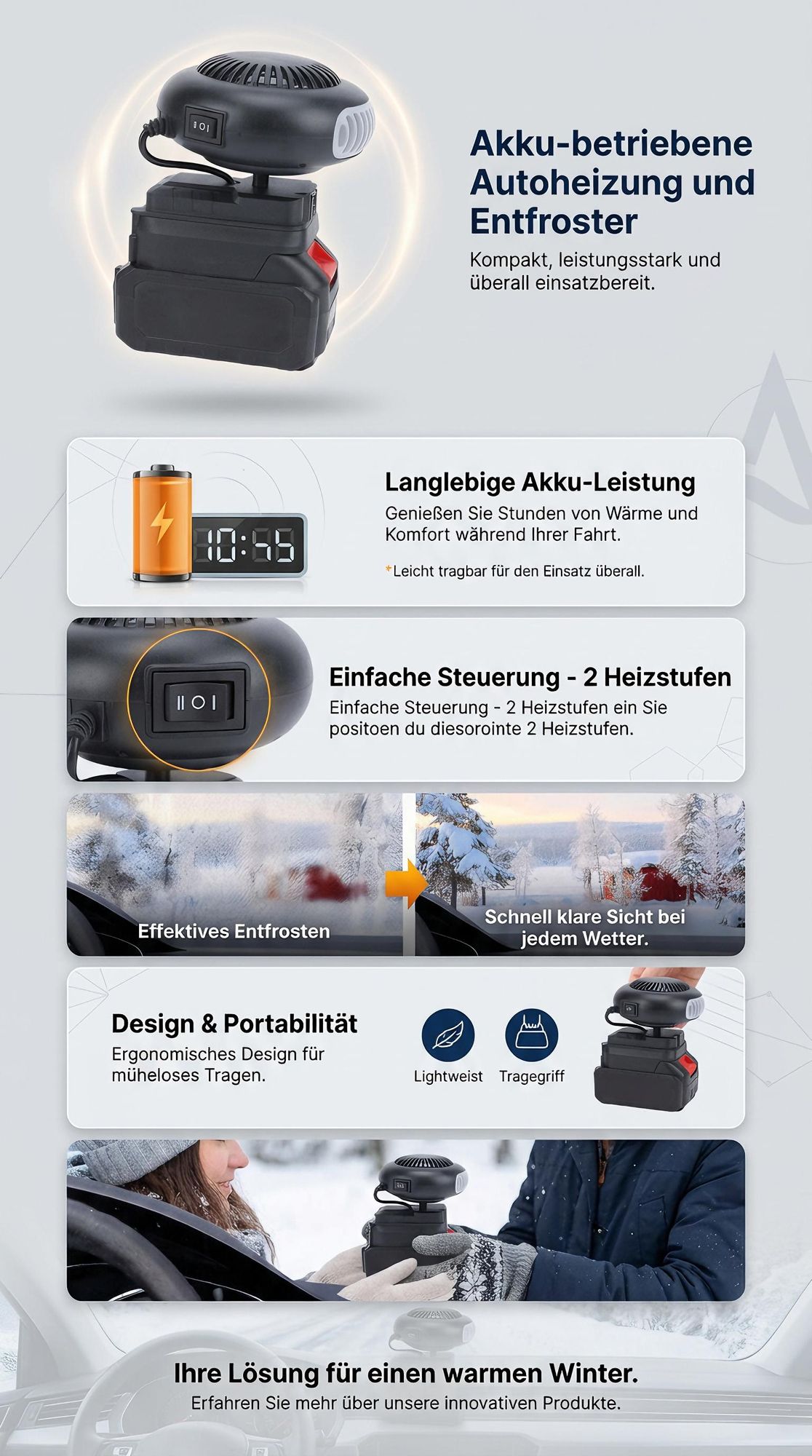 Kabellose Autoheizung 170W mit 12000mAh Akku – Schnellheizung, Entfroster & Heizlüfter fürs Auto