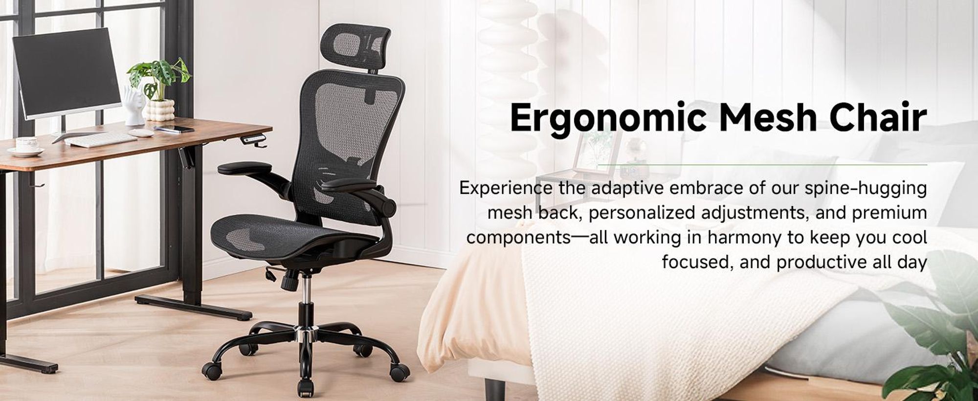 COMHOMA Bürostuhl Ergonomisch, Schreibtischstuhl mit Verstellbarer Kopfstütze, Armlehnen, Lendenwirbelstütze, Wippfunktion, Chefsessel aus Mesh, 150kg