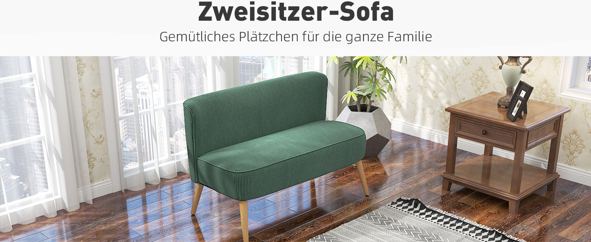 HOMCOM 2 Sitzer Sofa, Gepolsterte Couch mit Kordoptik, Holzbeine für Wohnzimmer