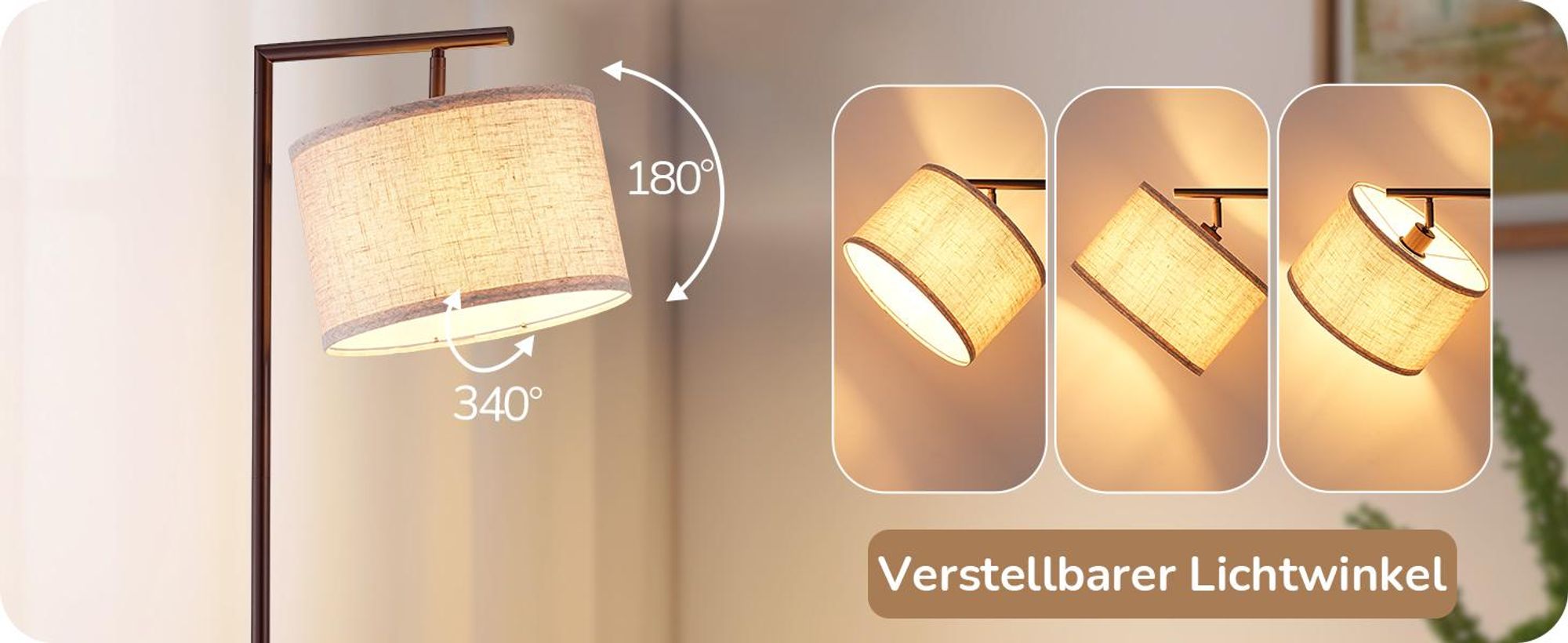 EDISHINE Stehlampe Wohnzimmer 160cm, Bogenlampe Modern mit Beigen Verstellem Leinen-Lampenschirm, LED E27 Glühbirne inklusive