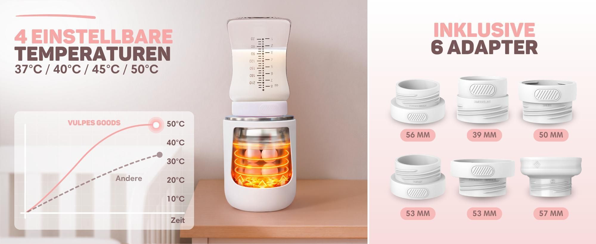 Babyflaschenwärmer mit 4 Temperaturen und 6 Adaptern für viele Flaschen