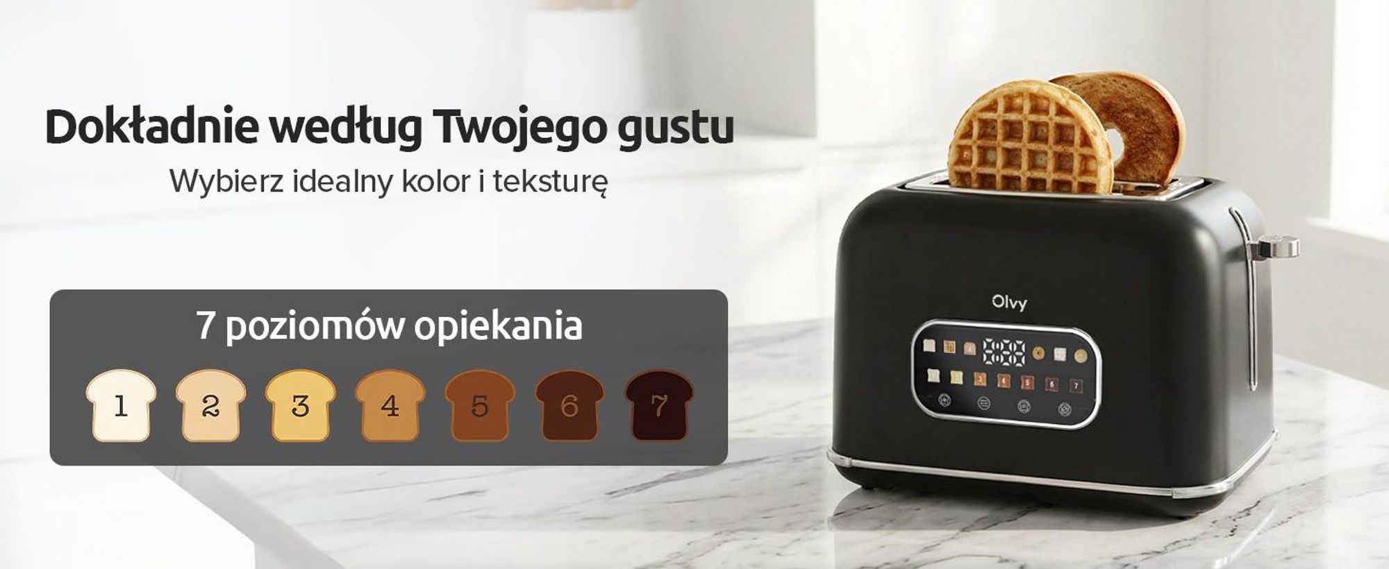 Toster Olvy, ekran dotykowy z timerem, 7 stopni opalania, bardzo szerokie szczeliny, 6 programów, w tym bagel i gofr, funkcja rozmrażania i podgrzewania, czarny