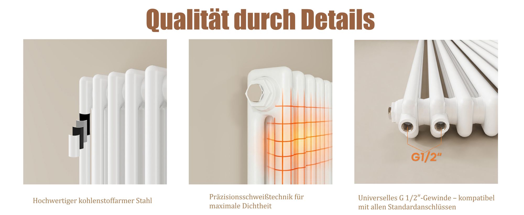 AICA Traditioneller Heizkörper 600 x 1460 mm Gusseisenstil 3 Spalten mit Seitenanschluss Weiß 2169W