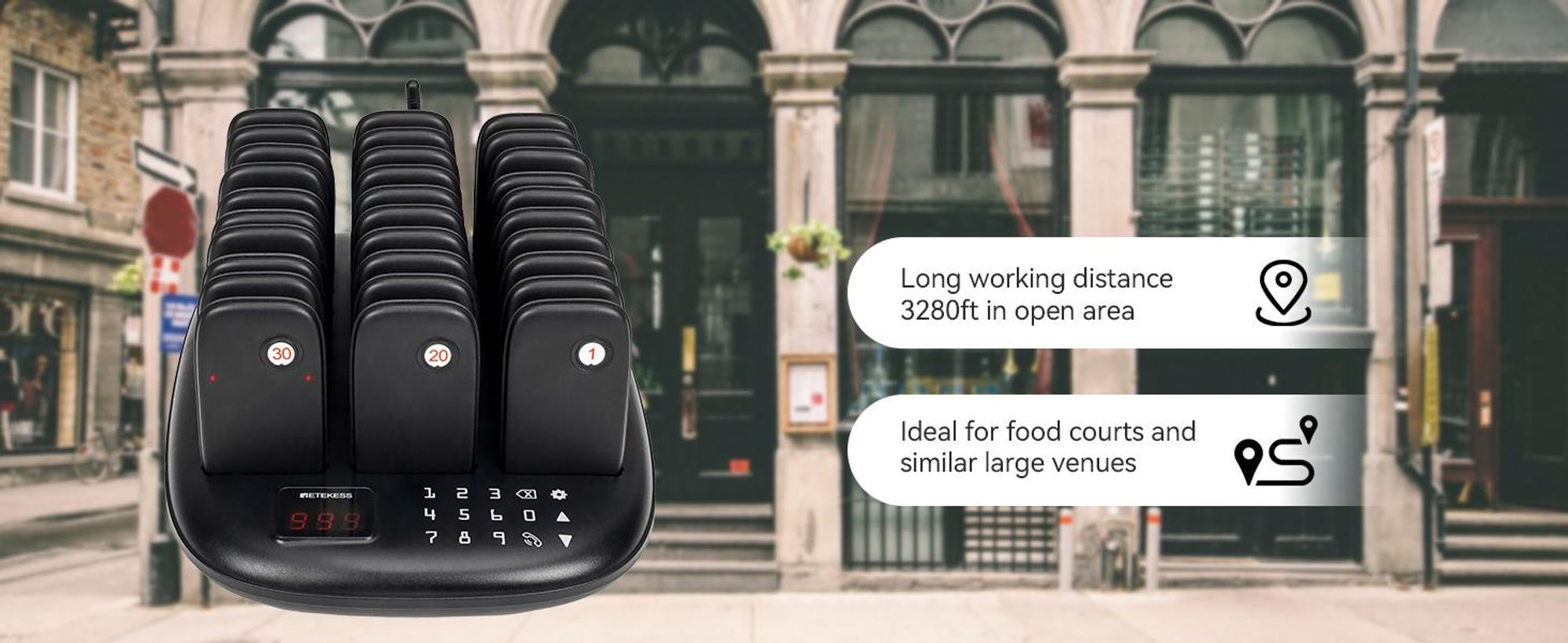 Systém pagerov Retekess TD175P pre reštaurácie, 30 pagerov, pagerový volací systém s dosahom 800 m, 7 režimov volania, 15 hodín prevádzky, pager pre food trucky, hotely, kaviarne, bary, vysielačky