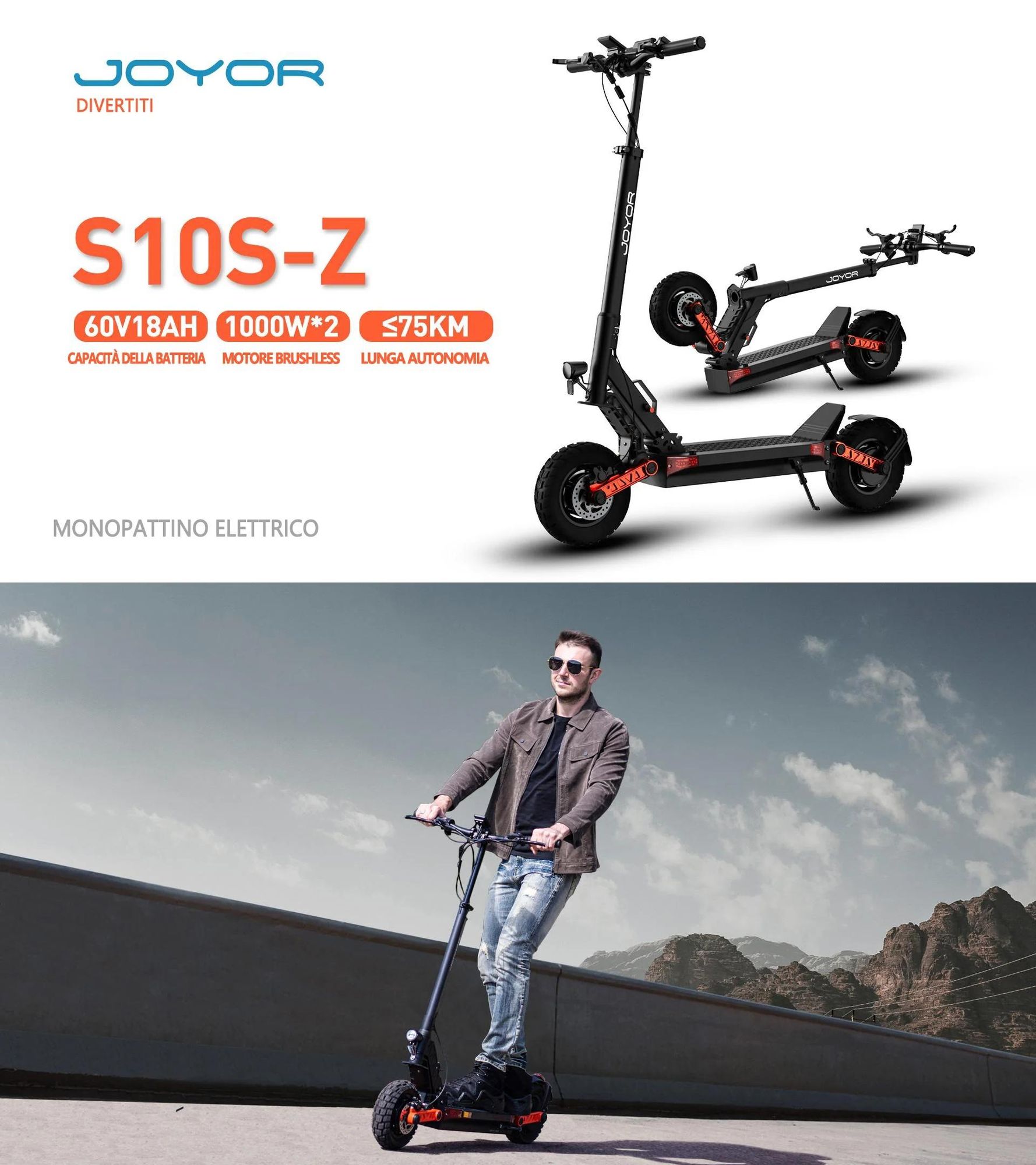 Scooter Elettrico JOYOR S10-S-Z 2025 - 2x1000W Batteria 60V18AH Pieghevole con Display a Colori e Frecce - Nero