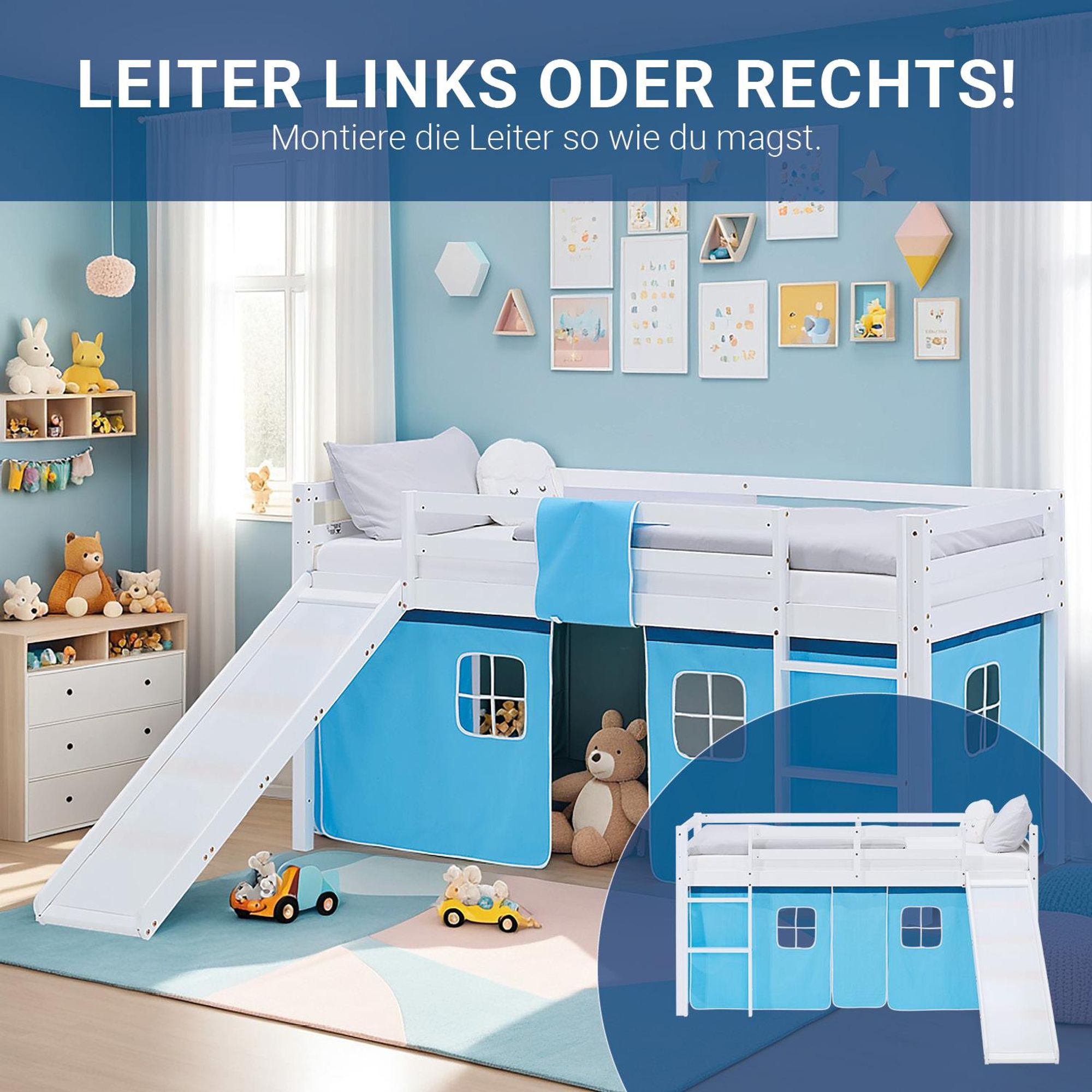 Die Rutsche vom Bett ist links oder rechts montierbar.