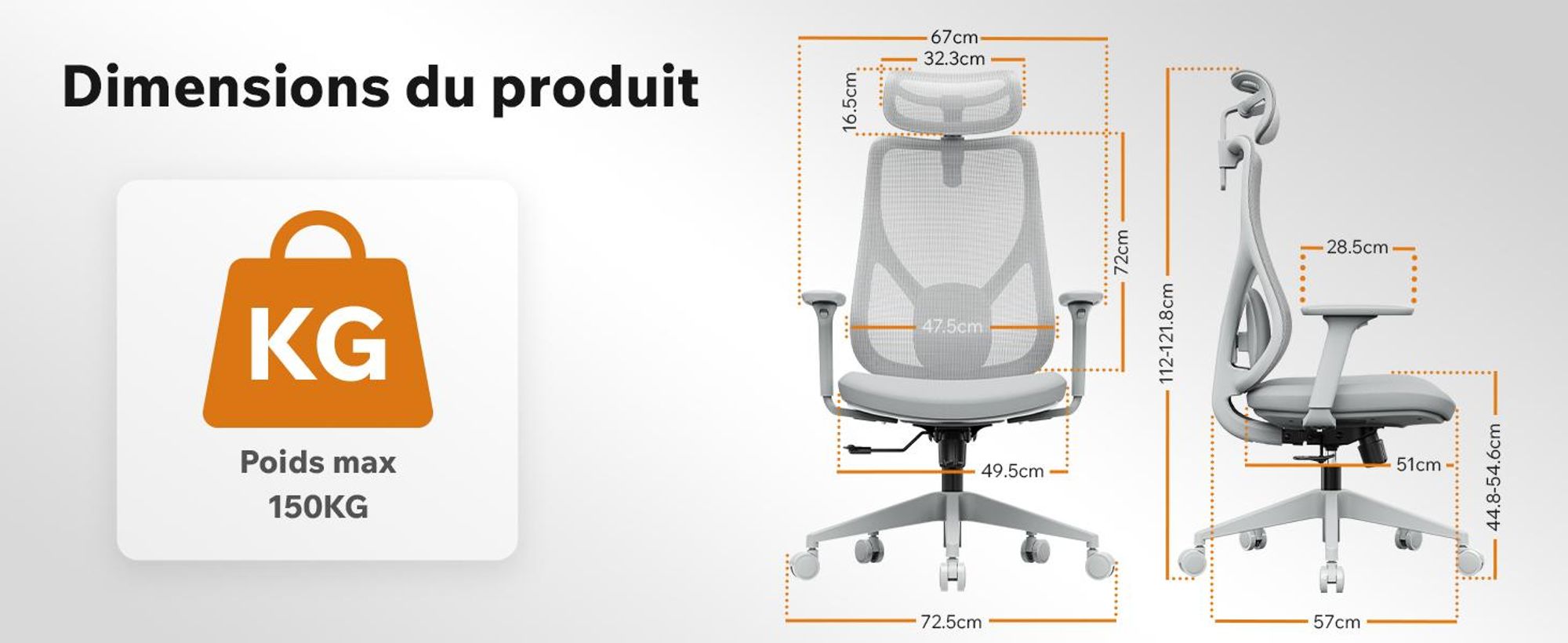 SENSE7 Moyo : chaise de bureau ergonomique, gris, accoudoirs 3D, dossier en résille, soutien lombaire, fauteuil de direction, chaise de bureau pour le télétravail, charge maximale 150 kg