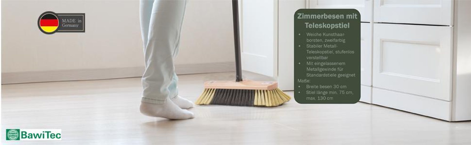BawiTec Zimmerbesen 30cm Breit mit Teleskopstiel max. 130cm Lang Kehrbesen Stiel Haushaltsbesen Besen weiche Borsten