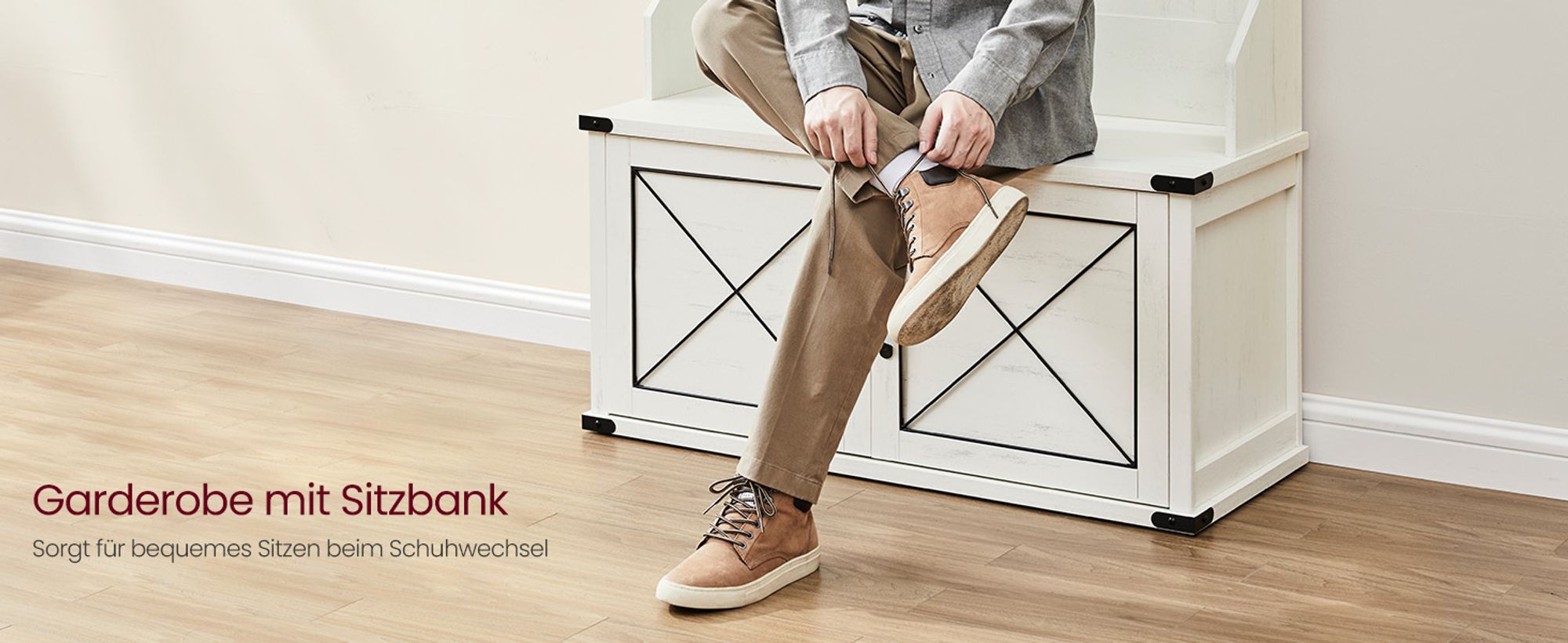 Garderobenständer mit Schuhbank, Schuhschrank, 6 Dreifach-Haken, HSRDE430W02YC