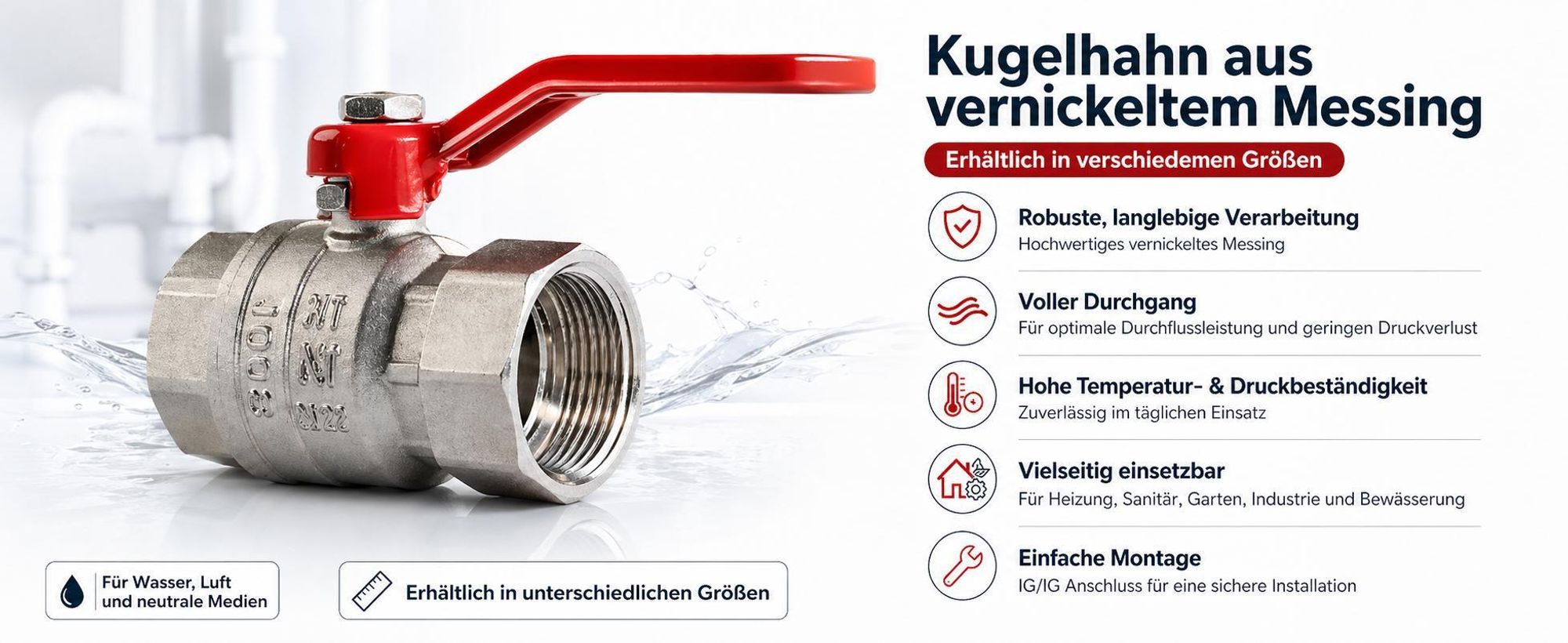 sanicomfort Kugelhahn 26,9 mm (3/4") IG x AG – chrom, voller Durchgang, robuster Hebelgriff, PN25, für Heizung, Sanitär, Industrie & Garten, langlebig & dicht