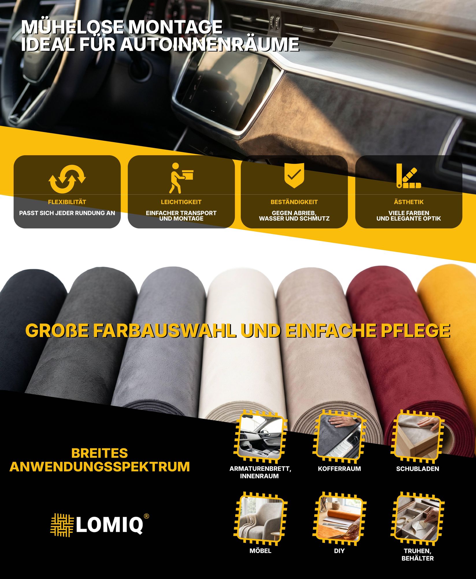 LOMIQ Mikrofaserstoff Selbstklebend, 500x150cm, Schwarz, Wildleder Optik, Elastische Klebefolie für Autohimmel, Cockpit und Innenverkleidung, Weich, Dehnbar und Strapazierfähig, Leicht Zuschneidbar