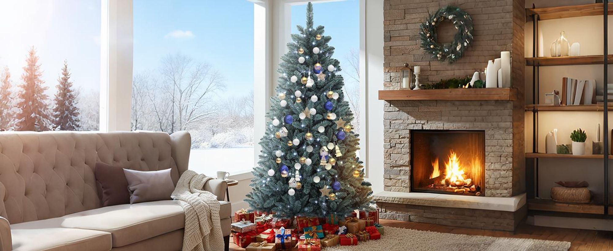 180cm Künstlicher Weihnachtsbaum mit 450 LED Weihnachtsbäume Tannenbaum Dekobaum mit Ständer, Blaufichte