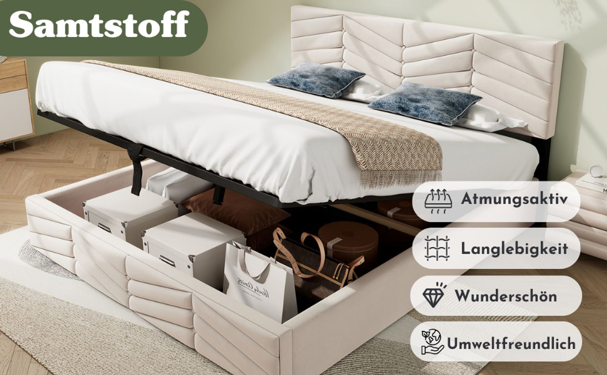 okwish Polsterbett Stauraumbett 140×200 cm mit Bettkasten, Doppelbett mit Lattenrost und höhenverstellbarem Kopfteil, Samt Beige,Ohne Matratze