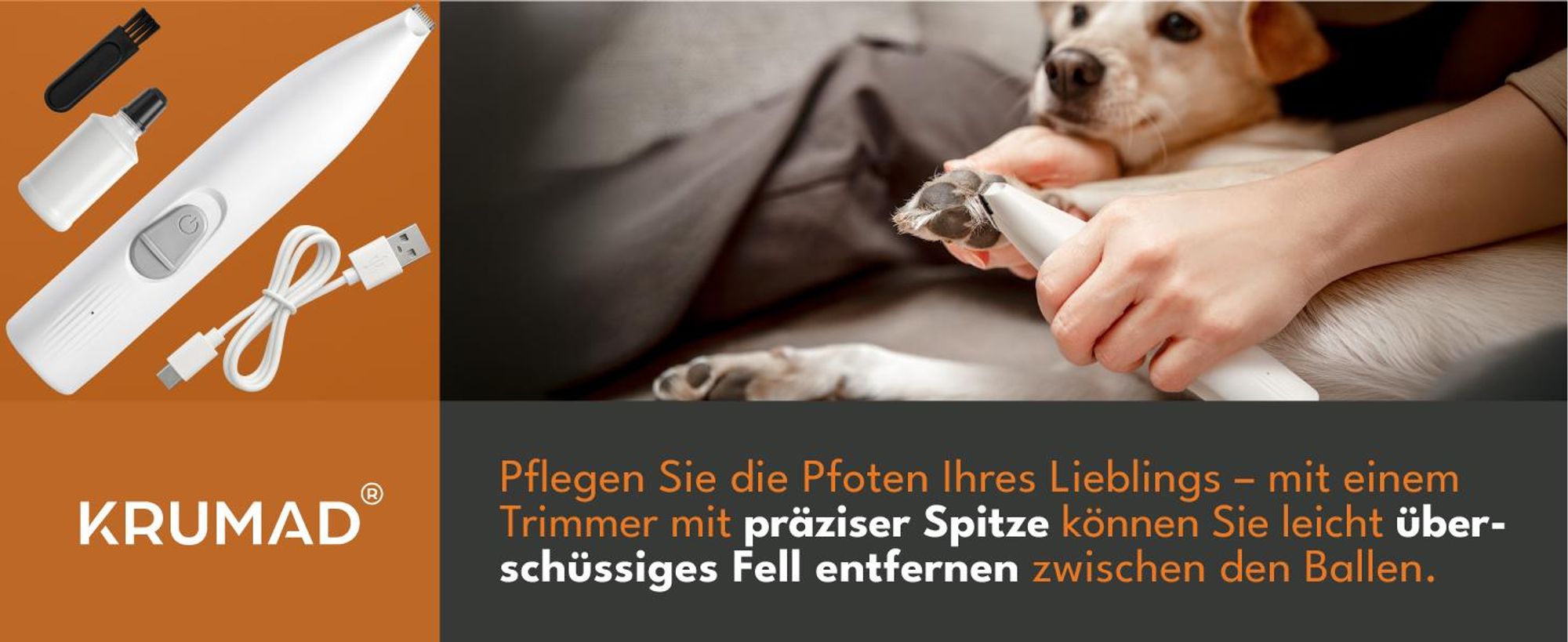 KRUMAD Pfotentrimmer, LED Tierhaarschneider  für Hunde & Katzen, mit Keramikklinge, Akku Hundeschermaschine für Pfotenpflege, 500 mAh