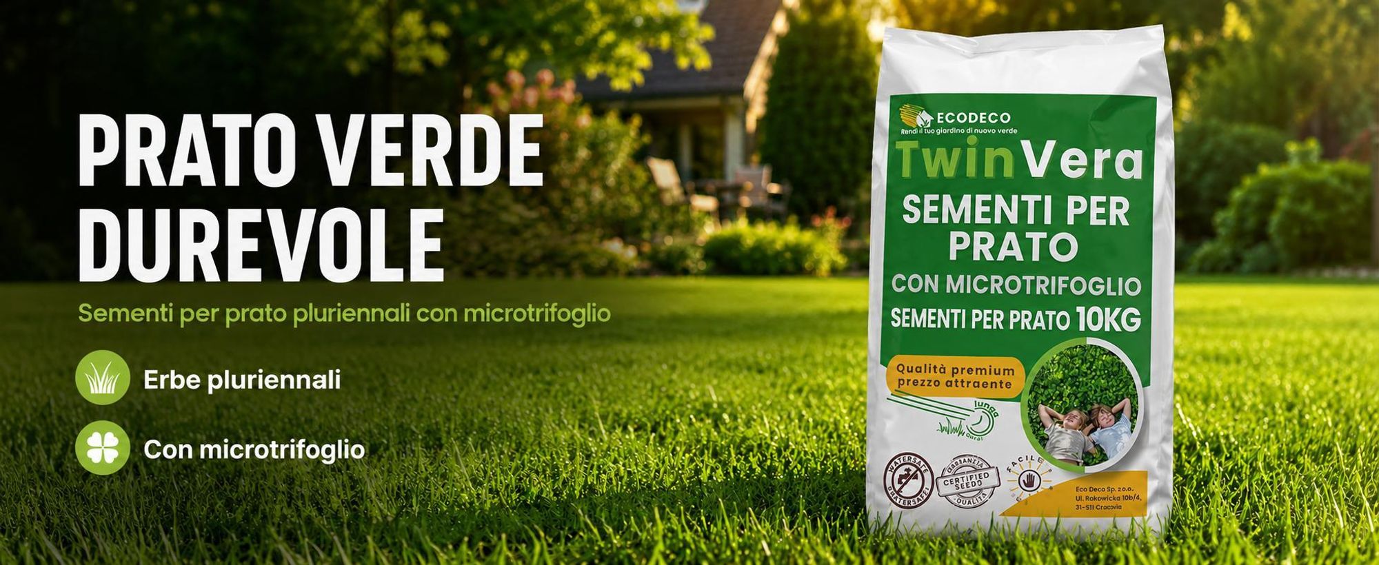EcoDeco semi prato resistenti, sementi per prato con microtrifoglio, miscela universale da 10 kg per 400 m2