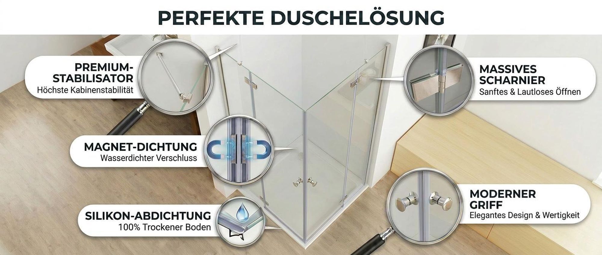 100 x 100 cm Duschkabine Eckeinstieg Duschwand Dusche Duschabtrennung ESG Glas JCP