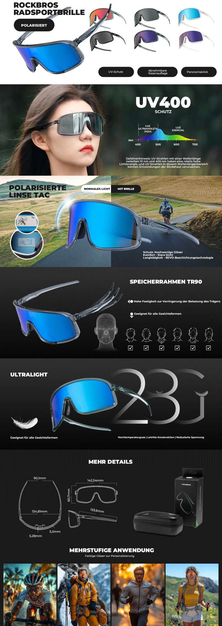 ROCKBROS Fahrradbrille Sonnenbrille winddichte Outdoor Sport Fahrrad Sportbrille Photochrome (Klar)