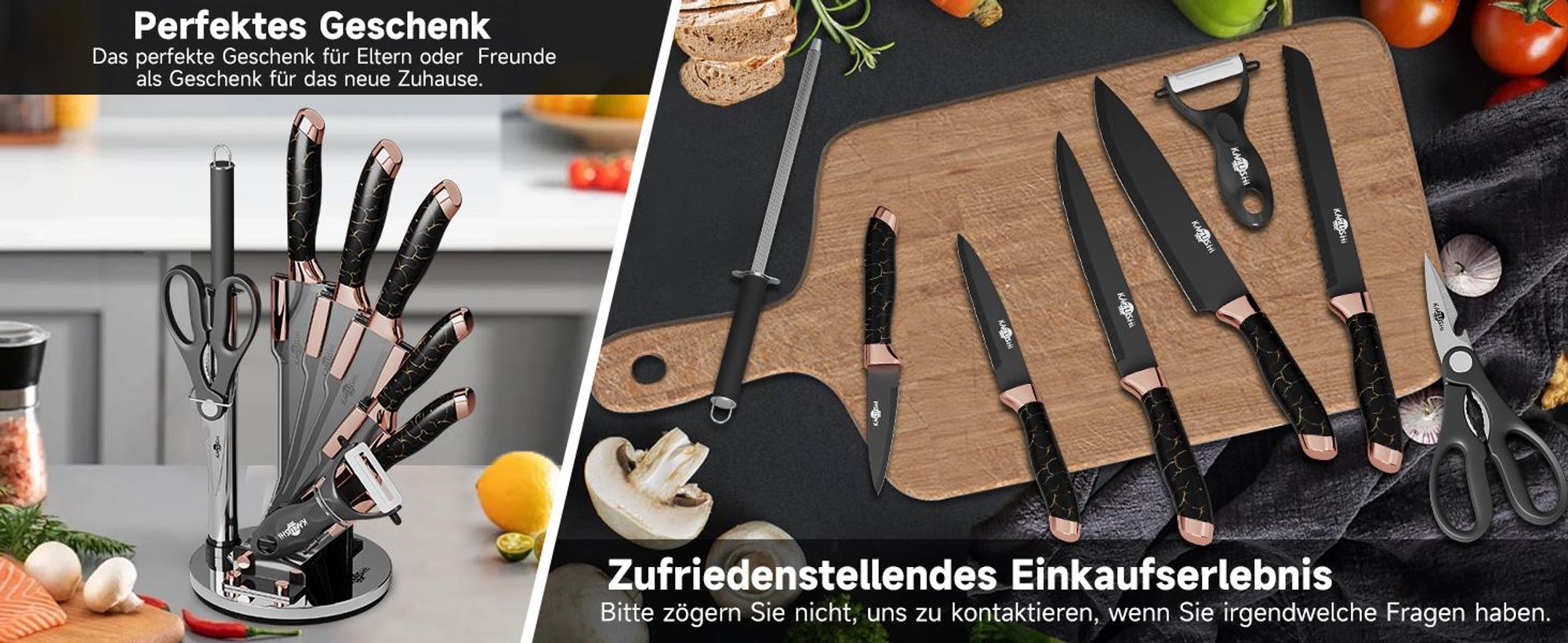 KAZUSHI 9-tlg Messerset mit Drehbare Messerblock, Profi Scharfe Messer Set mit Block, Edelstahl Küchenmesser - Schwarz (KA-KN83)