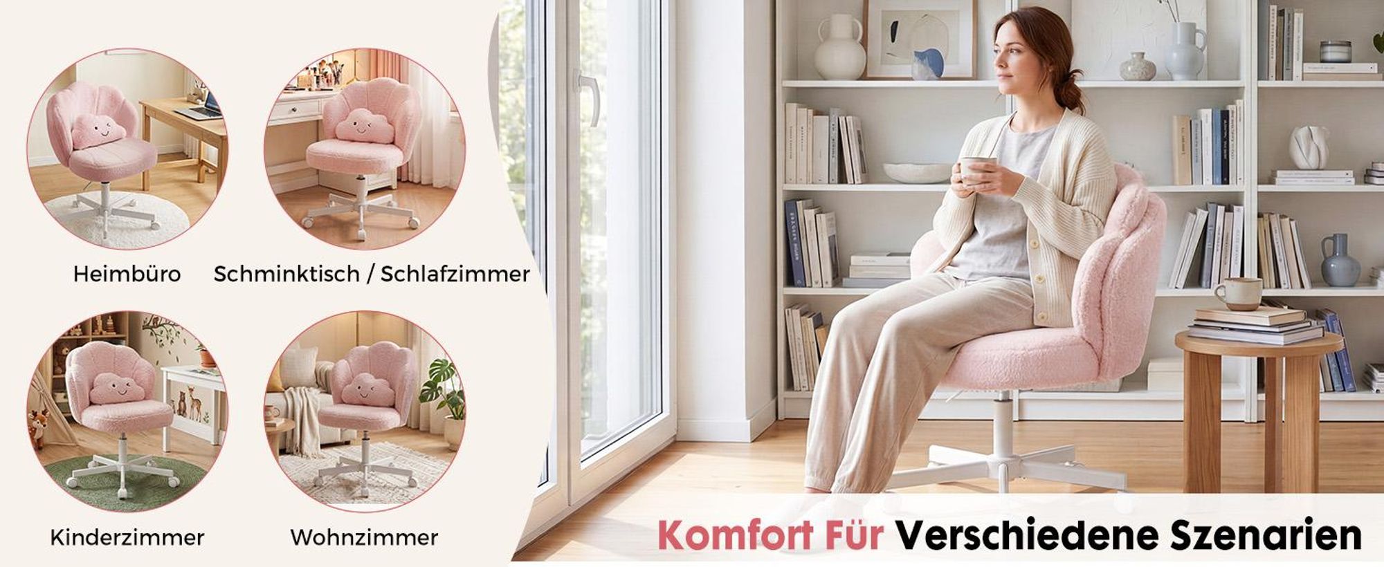COMHOMA Bürostuhl Schreibtischstuhl, Schminkstuhl mit Rollen Doppelter Rückenlehne und Wolkenkissen, Höhenverstellbarer Drehstuhl, Teddystoff, ROSA