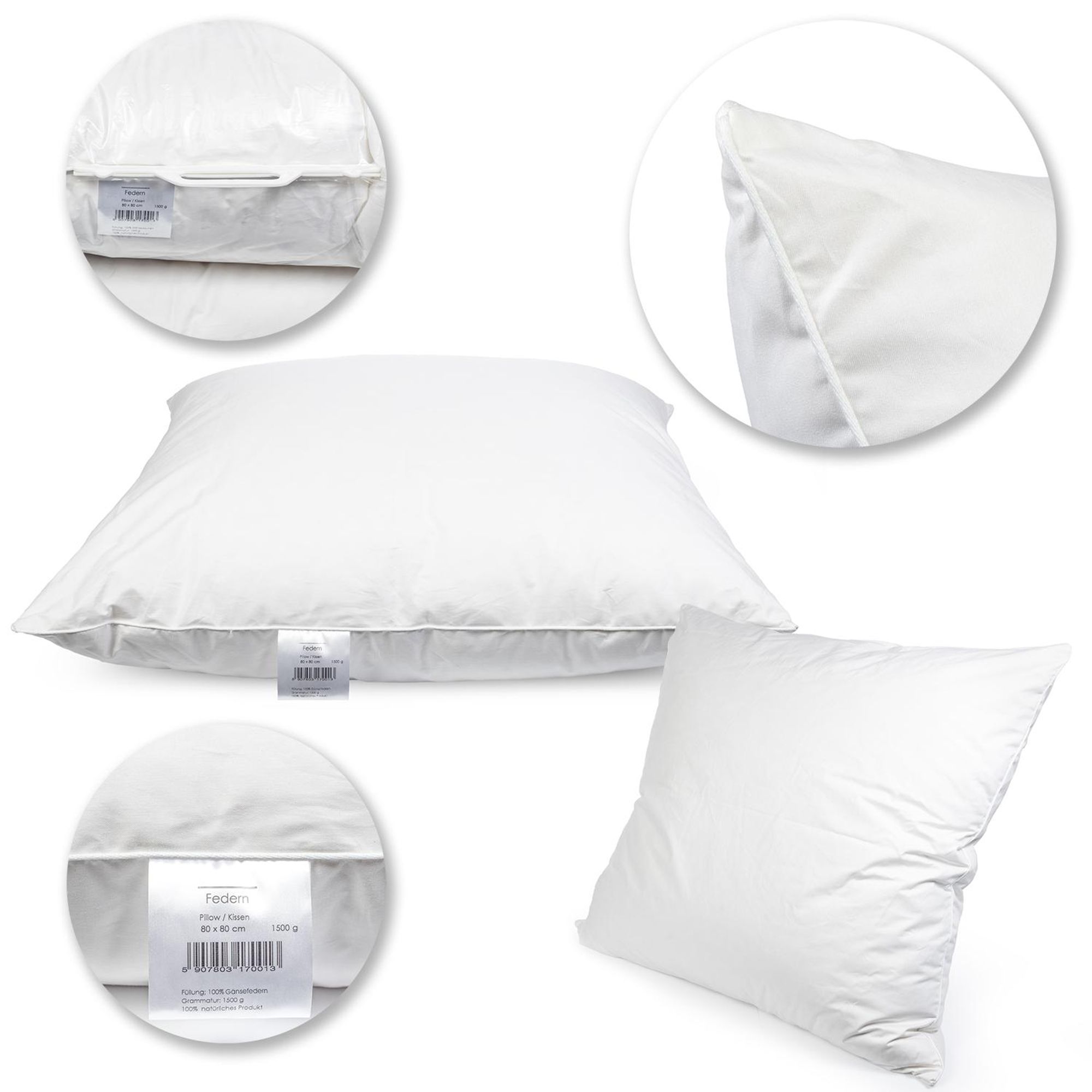 2er Set Federkissen 80x80 cm 1500 Gramm – Kopfkissen mit 100% Gänsefedern – Baumwollbezug 185 g/m² – Ganzjahreskissen
