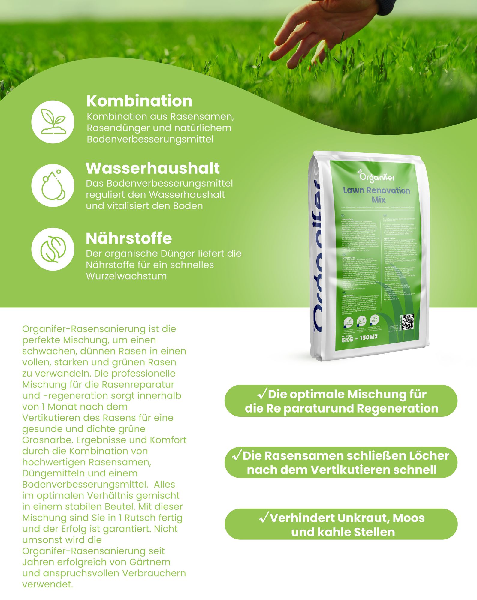 Vertikutier-Mix - Grassamen - Dünger - Bodenverbesserungsmittel (15 kg - für 450 m2)- Organifer