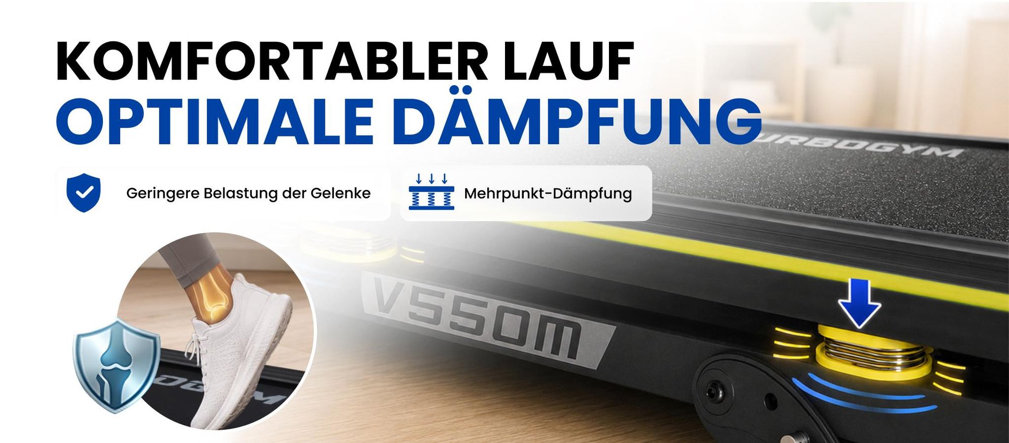 URBOGYM V550M elektrisches Laufband mit Massagegurt, Bauchtrainer, 15 km/h, 130 kg, 12 Programme, FITSHOW-App, klappbar