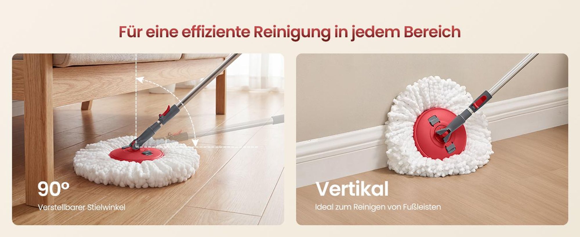 SONGMICS Wischmopp-Set mit Schleudereimer, Bodenwischer mit Auswringfunktion, Teleskopstiel, Haushalt, 2 Bezüge, grau-rot