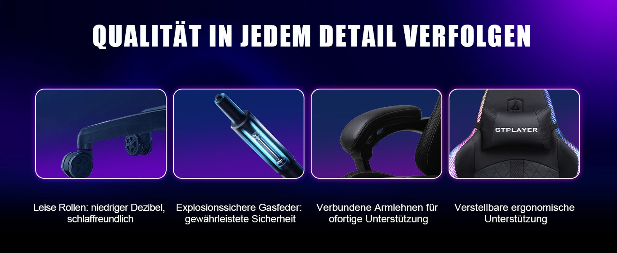 GTPLAYER Gaming Stuhl mit Lautsprecher und LED, Bürostuhl Gaming Chair Gamer Stuhl, Rückenlehne mit Aufbewahrungstasche Ergonomischer PC Stuhl schwarz
