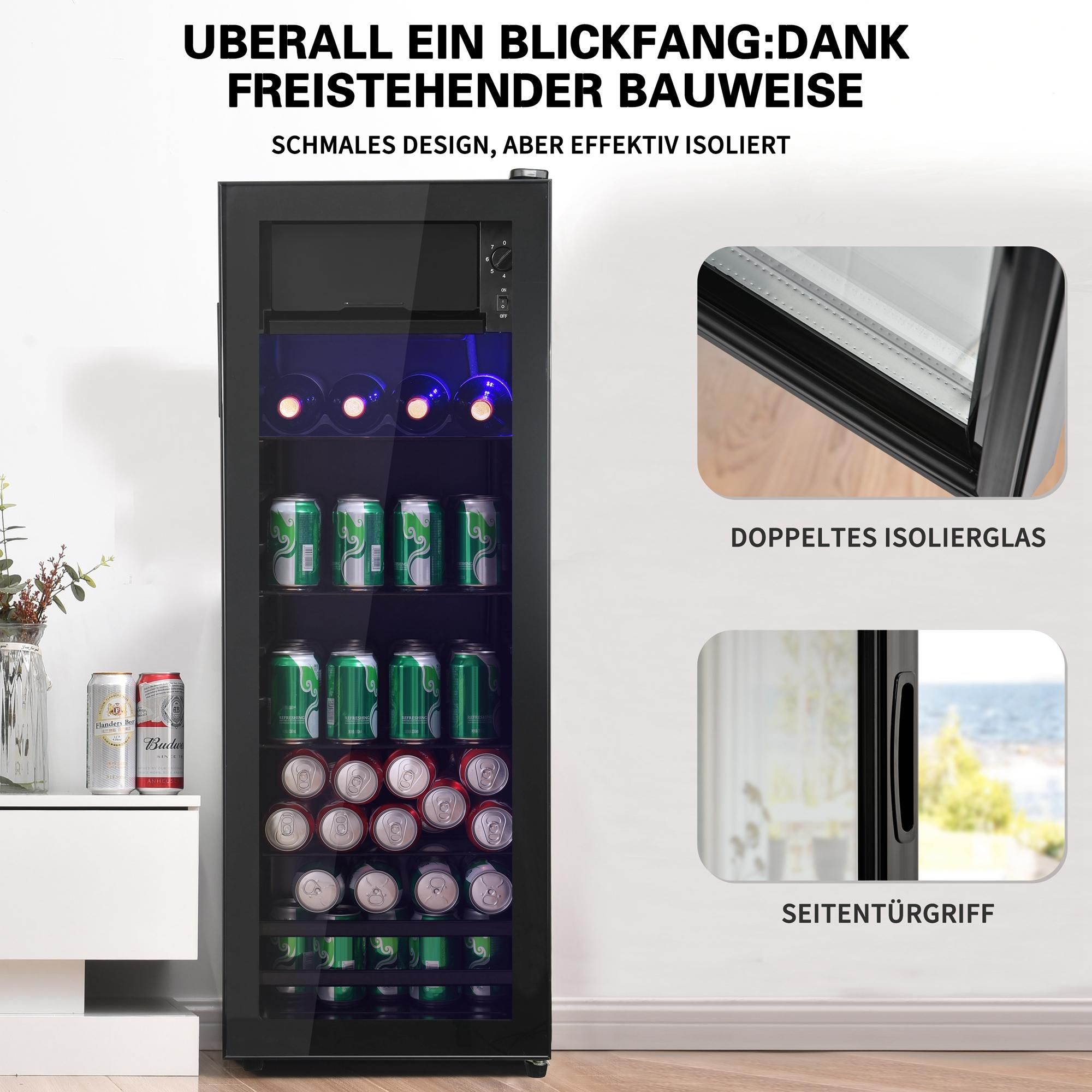 Merax Table Top Kühlschrank 128L mit Gefrierfach und Glastür, Flaschenkühlschränke mit LED-Beleuchtung und verstellebare Ablage, Getränkekühlschrank 110cm Kühl- und Gefrierfunktion, freistehend