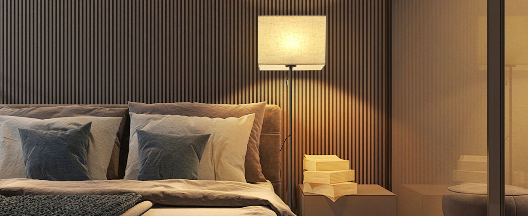 ZMH Standlampe Stoff Wohnzimmer Vintage Stehleuchte LED Dimmbar Standleuchte 134cm Stehlampe Beige Lampenschirm Wohnzimmerlampe Seilzugschalter