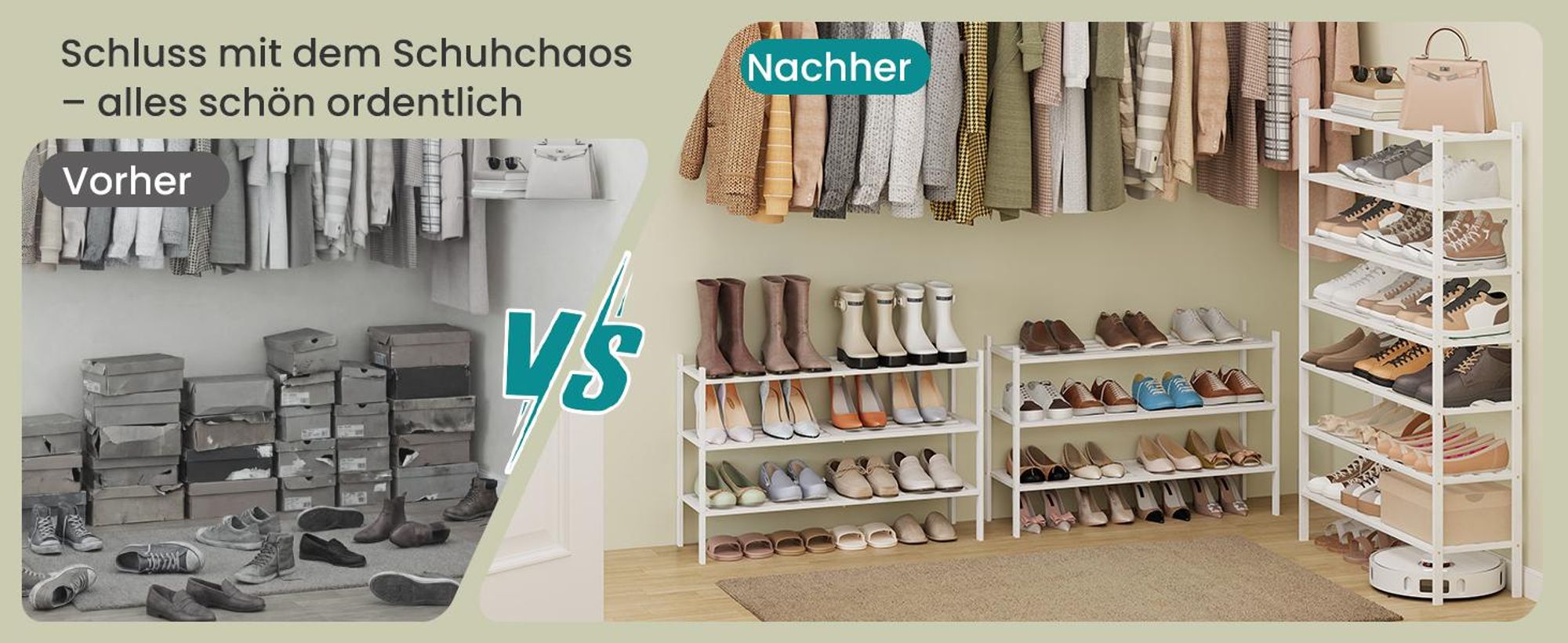 SONGMICS Bambus Schuhständer, stapelbares Schuhregal 3 Ebenen, platzsparend für Flur, Schlafzimmer, Wohnzimmer, weiß