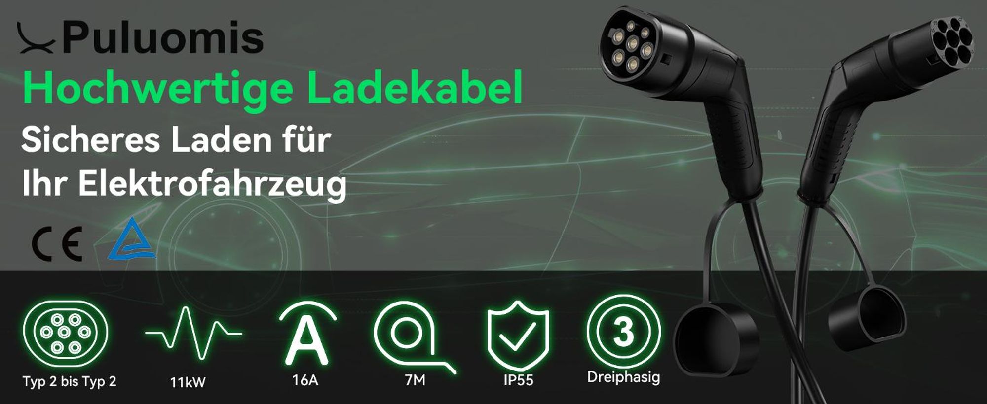 Puluomis Ladekabel 11kW 7m Typ 2/CCS Schnittstelle für Elektroauto, EV Ladekabel 3-phasig 16A, IP55 Wasserdicht mit Schutzhülle, Tasche