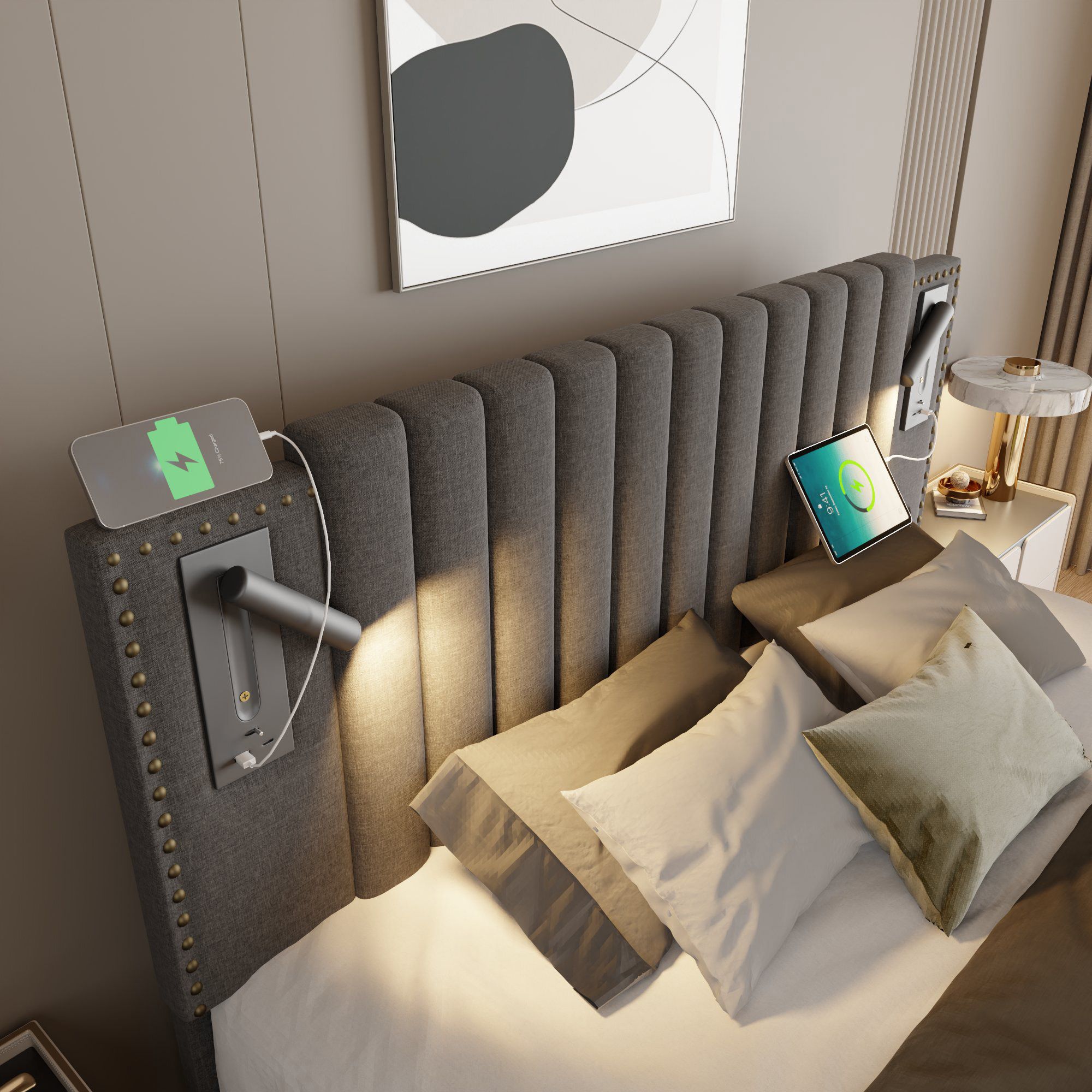 Flieks Polsterbett 160x200cm mit Leselampe, Doppelbett Stauraumbett Boxspringbett mit Ladefunktion (USB, Typ-C), Jugendbett mit Lattenrost, Baumwolle