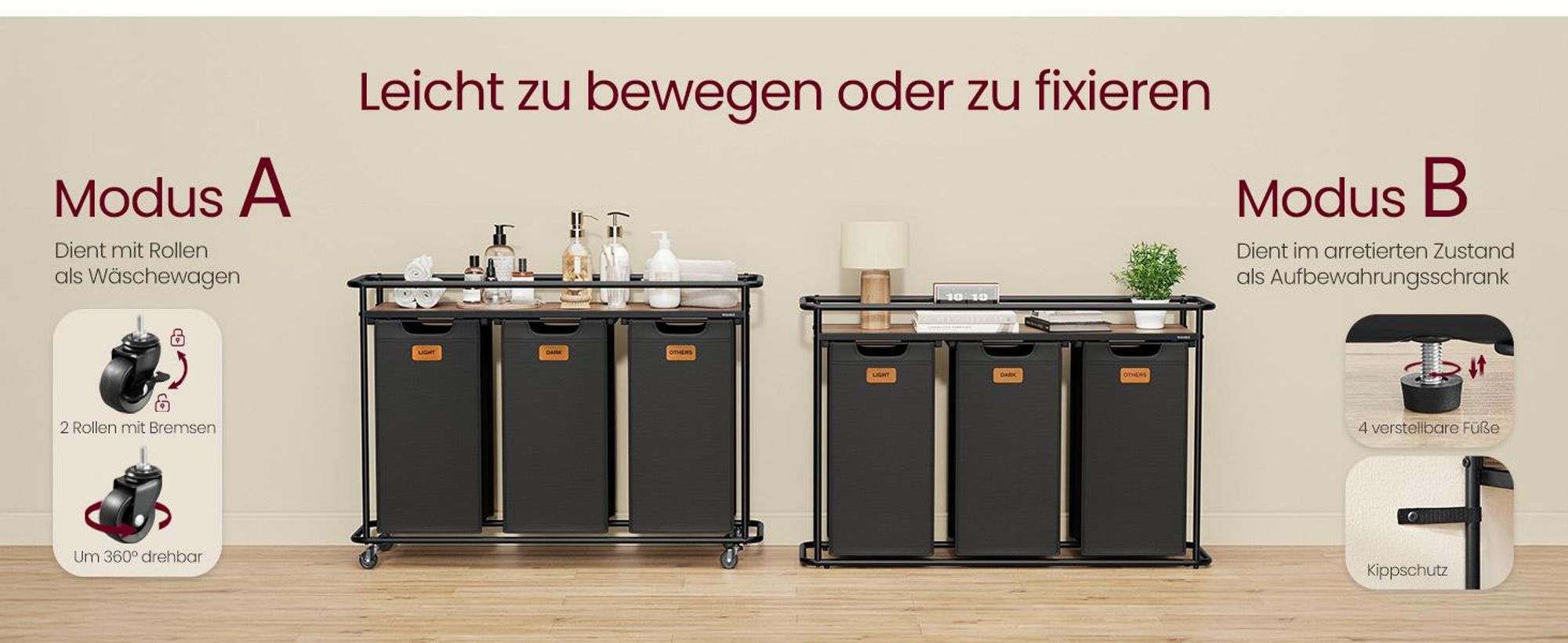 VASAGLE Wäschesammler mit Rollen, Wäschekorb 3 Fächer, 150 L, Wäschesortierer mit Ablage, Wäschewagen, abnehmbare Taschen, 6 Etiketten, Waschküche