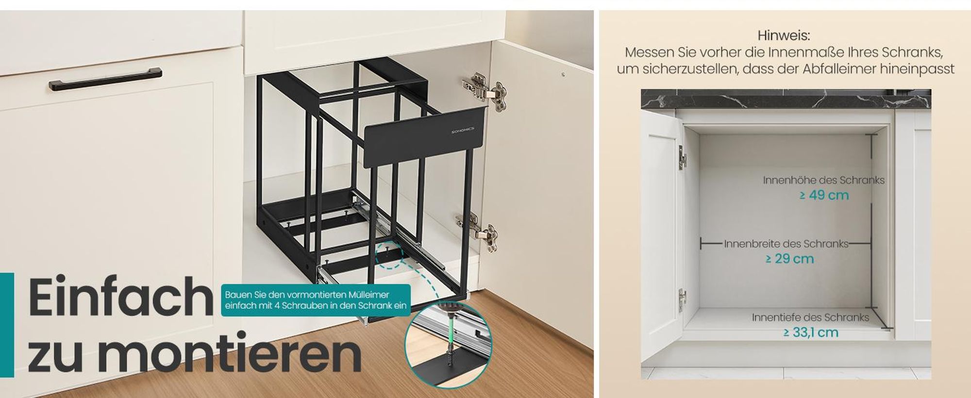 SONGMICS Mülleimer Küche, für Unterschrank, 1 x 20 L, Abfalleimer, ausziehbar, Stahlrahmen, schwarz